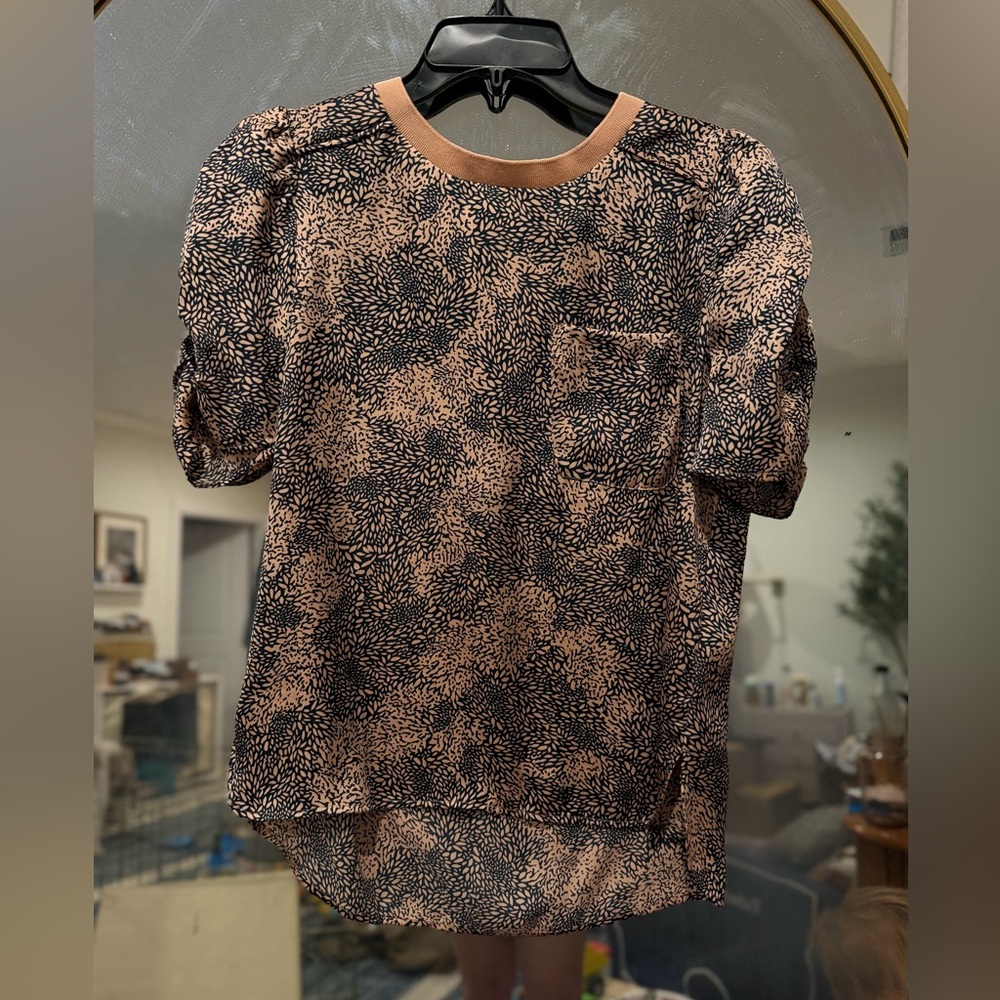 Women's Navy and Light Peach Satin Patterned Top